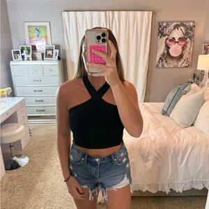 Aritzia Babaton Black Cross-Front Crop Top